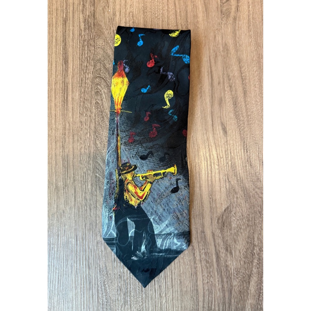 Vintage Liebert Mens Jazz Trumpet Player Musical Notes Black Graphic Necktie USA